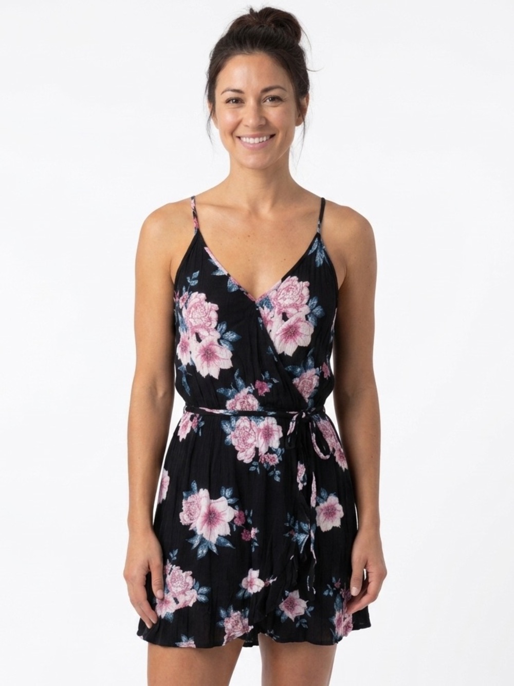 Pink Rose Vintage Floral Faux-Wrap Dress Black Pink Blue Size Small